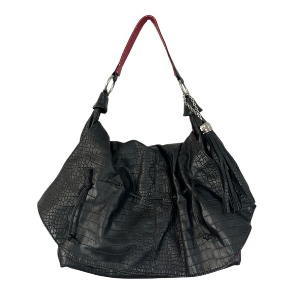 Carlos Falchi Large Black Faux Croc Bag Pleated/Gathered Flap Red Interior - Picture 1 of 10